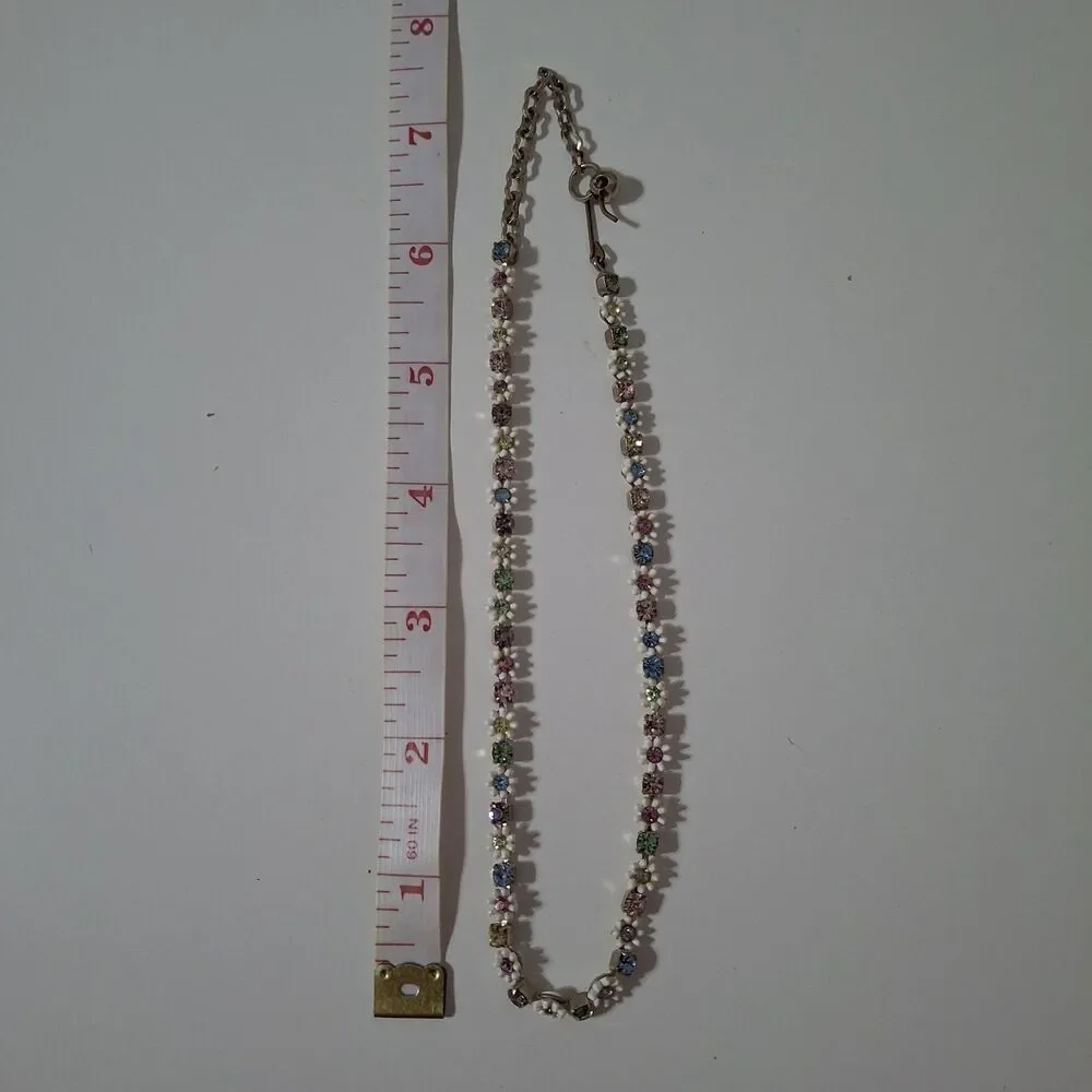 White Pink Blue Rhinestone Silver Tone Flower Floral Rhinestone Choker Necklace